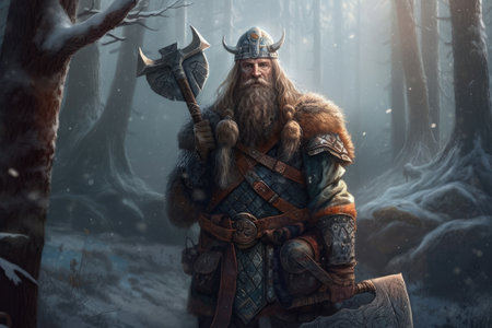 Illustration of a fantasy warrior dressed as an ancient Viking and standing in a frosty forest with an axe in . Generative AIの素材