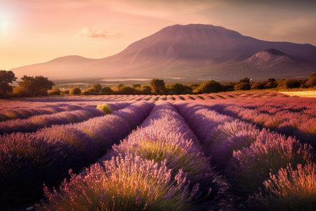Lavender field in Provence, Mont Ventoux in the background. Sunset. Generative AIの素材