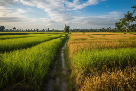 Paddy field beside tar road with blue sky background. Generative AIの素材