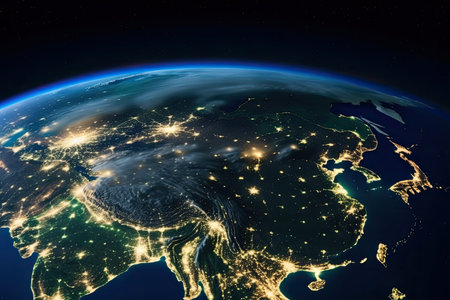 Planet Earth from the space at night. Asia at night with city lights in China, Taiwan, India, Japan, Thailand, South Korea, Vietnam and other countries. Elements of this image furnished by NASA. Generative AIの素材