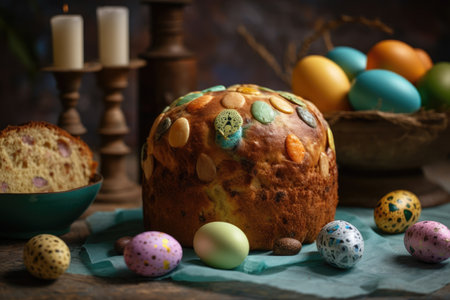 Italian Easter panettone displayed next to Easter eggs amid Easter decor. Generative AIの素材