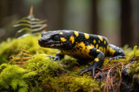 Salamandra salamandra, a fire salamander, is seen squinting from a moss covered tree in a forest. Animal with yellow spots and stripes that is patterned in its natural habitat. Generative AIの素材