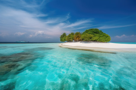 Gulhi Island, Maldives, has a paradisiacal white sand beach with turquoise water on a nice summer day. Generative AIの素材