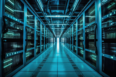 Large datacenter with networked servers and infrastructure for internet cable. vivid blue tones. Generative AIの素材