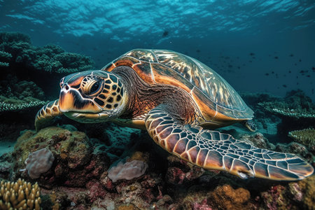 Postcard from underwater beauty. Sea turtle from the Maldives floating above coral reef. Loggerhead in its natural environment. Generative AIの素材