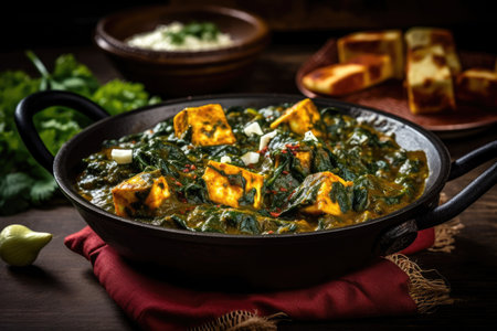 Served in a Karahi with Roti or Chapati with a gloomy backdrop, the popular Indian dish Palak Paneer Curry is created with spinach and cottage cheese. discerning concentration. Generative AIの素材