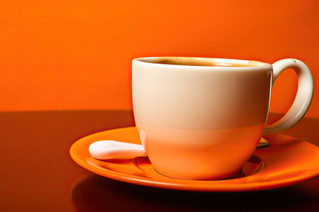 Orange background with a white cup of coffee in it. Generative AIの素材