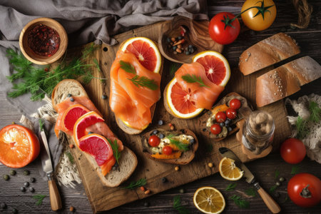 On a white rustic wooden table are open sandwiches made with whole grain rye bread and cured fish. wholesome food a top view. Generative AIの素材
