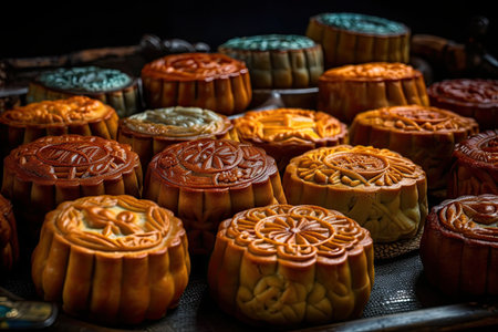 Mooncakes are served during every full moon lunar August for the traditional Chinese and Vietnamese mid autumn celebration. Generative AIの素材