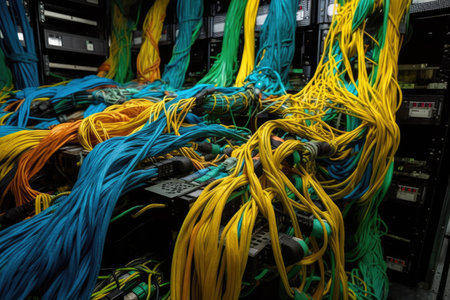 In the data center area, servers are haphazardly knotted together with yellow optic wires. Generative AIの素材