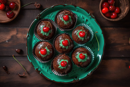 Top view of delectable chocolate cupcakes on vibrant plates. Generative AIの素材