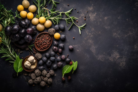 Parmesan cheese, fresh herbs, and olives on a food setting on a dark slate background. plenty copy space. Generative AIの素材