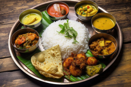 Traditional Bengali cuisine and food meal thali of West Bengal, India. Bengali food thali in kolkata. bengali thali for puja and Pailaboishakh. popular food kolkata. Generative AIの素材