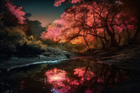 Pink tree and pond at night in the forest. Photomanipulation. Generative AIの素材
