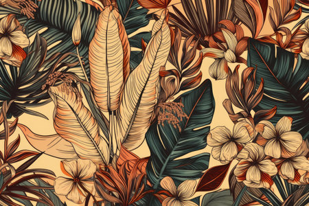 Illustration of a seamless design with ethnic tribal leaves and orchid blooms. vintage folkloric palm leaves and vivid monstera plants. repeating fabric texture theme. Background of beige tone. Generative AIの素材