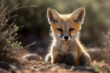 The Cape Fox cub emerges from the borrow to enjoy the sunshine. Generative AIの素材