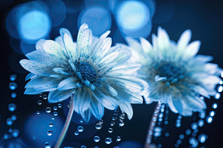 Magnificent macro photograph of magic flowers Design of a border. Light Magic. extreme macro photography Abstract conceptual image Background is blue and white. Fantastical art. A wallpaper design. Lo. Generative AIの素材