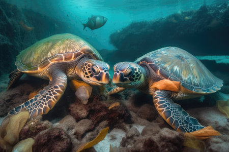 Turtles eating plastic bags due to ocean plastic pollution is an environmental issue. Generative AIの素材