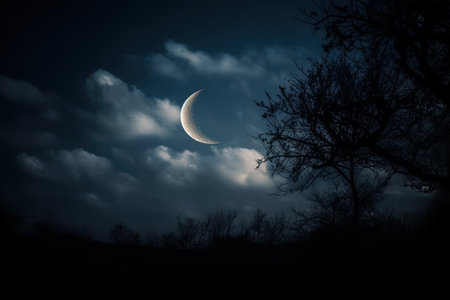 dim crescent moon (UK, January 2 2019). Generative AIの素材