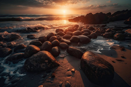 Rock on the beach is lash lined by the sea. Generative AIの素材