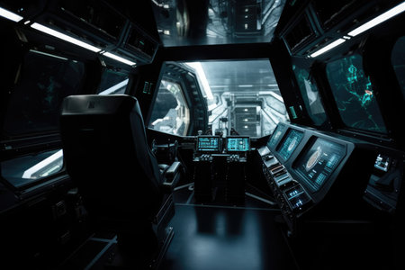 NASA provided the spaceship inside with a view of the black glass parts in this picture. Generative AIの素材