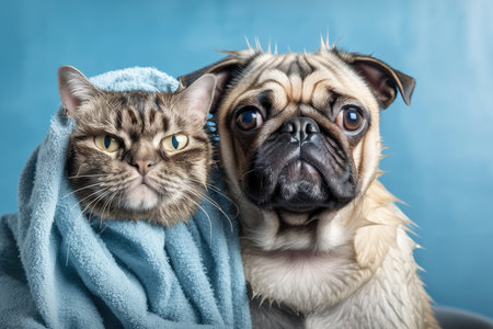 Pug puppy with a funny wet look and fluffy cat after a bath covered in a towel. Cute dog and gray tabby cat with freshly laundered robes and soap foam on a blue background. Generative AIの素材