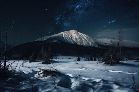 Winter landscape of a mountain range at night. Stars over the mountain range. Snow covers slopes of a mountains. Generative AIの素材