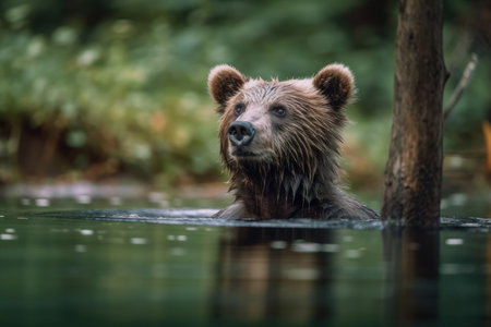 Unlikely bear in the lake. Generative AIの素材