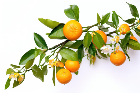 a white background with an orange or tangerine tree branch with fruits and flowers. Generative AIの素材