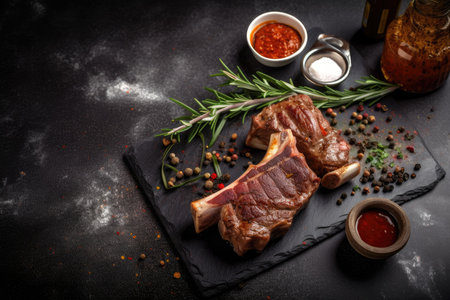 On a concrete background, fried ribs with rosemary, onion, and sauce. a dim table. Text placement and copyspace. Generative AIの素材