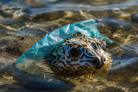 Washing up in a plastic bag was puffer fish. Ocean plastic contamination is a serious environmental issue. Generative AIの素材
