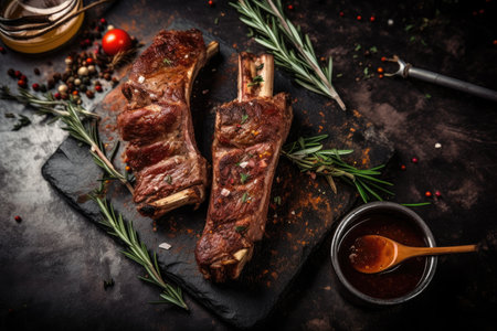 On a concrete background, fried ribs with rosemary, onion, and sauce. a dim table. Text placement and copyspace. Generative AIの素材