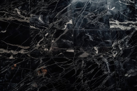 background of black marble. Countertops and wallpaper are both black Portoro marble. marble tiles on the floor and walls. Texture of black travertino marble. Granite is a natural stone. Generative AIの素材