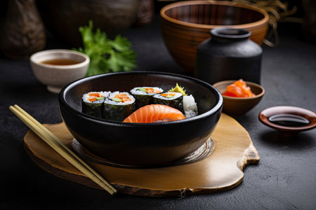 Japanese food. Asian cuisine On a circular wooden dish with sushi. Background of stone. Generative AIの素材