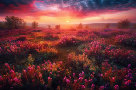 Pink and purple field, fantastical setting, multicolored sky above the meadow of pink flowers. magnificent sunrise serving as, as series of original pictures Nature has color. Generative AIの素材