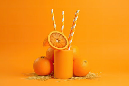 Summer composition with fresh stacked orange slices and straw on vibrant orange background. Creative healthy diet concept. Organic tropical fruit juice. Generative AIの素材
