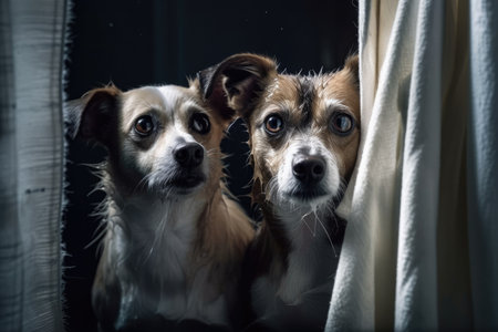 Two fearful puppies were enclosed in a curtain. Generative AIの素材