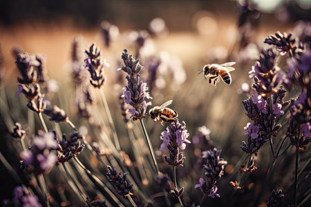 lavender blossoms being pollinated by honeybees. insects that cause plant rot. Lavender blossoms in a hazy summer background with bees gorgeous wallpaper hazy focus Purple Field. Generative AIの素材