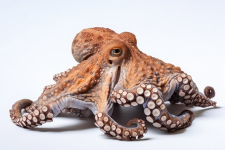 On a white background, a large octopus. a macro lens is used. aquarium, biology, and the animal kingdom. culinary, seafood, and sea cuisine. Recipes for restaurant food. banner advertising. Generative AIの素材