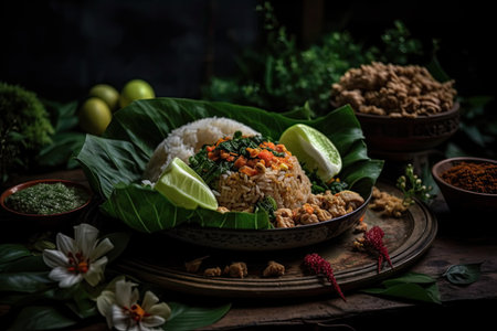 Thai food that is traditional against a dark background. notion of oriental cuisine. Generative AIの素材