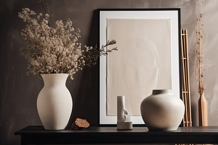 The stylish composition of minimalistic interior with copy space. Black commode, vase with dried flowers, sculpture and personal accessories. Beige wall. Home decor. Template. Generative AIの素材
