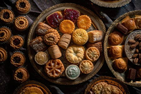 View from overhead of traditional Moroccan holiday cookies on a silver tray. Ready to eat Ramadan cookies. Generative AIの素材