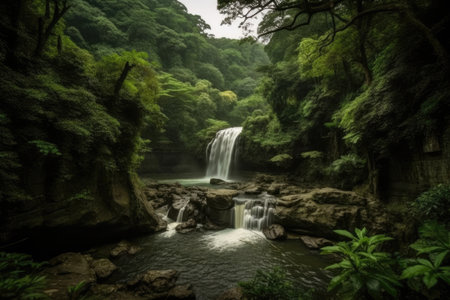 Shifen waterfall in a deep forest in Taiwan. Generative AIの素材
