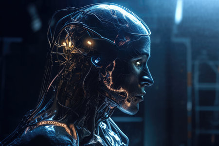 With his s lifted, Cyborg surveys the light coming from above. the head of a biological human robot with wires implanted. futuristic technologies Copy space. Generative AIの素材