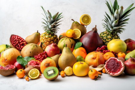 Pineapple, kiwi, lemon, lime, orange, papaya, coconut, pomegranate, and carambola are used in a creative layout. Lay flat. notion of food. Generative AIの素材