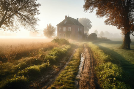 Modern brick country house (cottage) and green plowed agricultural field in a morning fog. Autumn rural scene. Architecture, agriculture, farm, ecology, countryside, ecotourism. Generative AIの素材