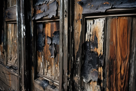 Up close, worm damaged old boards, black painted doors, and planks welded together. Generative AIの素材