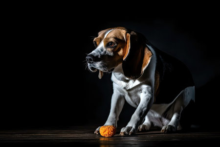 Tricolor Dark background and a beagle dog waiting and snatching a treat in a studio. a dog motif. Generative AIの素材