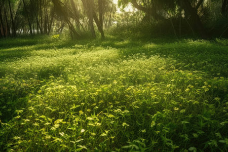 green grass field with flowers, leaves, and branches in the background. image of foliage with sun shaded shadows for nature background inspiration. Generative AIの素材