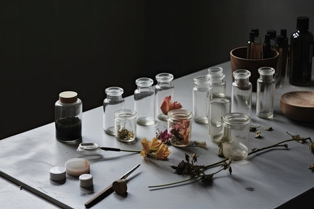 laboratory studies using herbal medicine as an alternative. Cosmetics podium glass is empty. Generative AIの素材